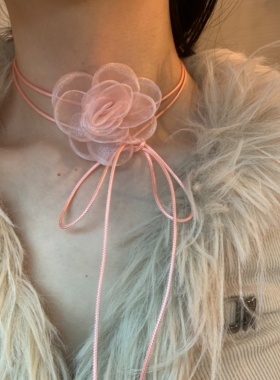 原创手作款欧根纱花朵绑带choker颈链女小众度假风系带绕脖项圈潮