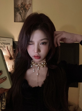 波西米亚风珍珠流苏choker颈链女vintage高级感串珠十字架锁骨链