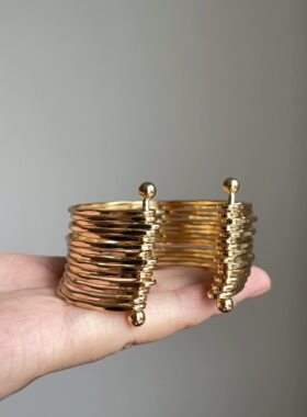 vintage古着 金色多层水波纹手镯女复古风辣妹手环朋克手饰品潮