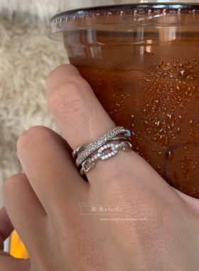 慵懒周末~咖啡金双层锆石链条戒指女小众设计感可调节指环高级感