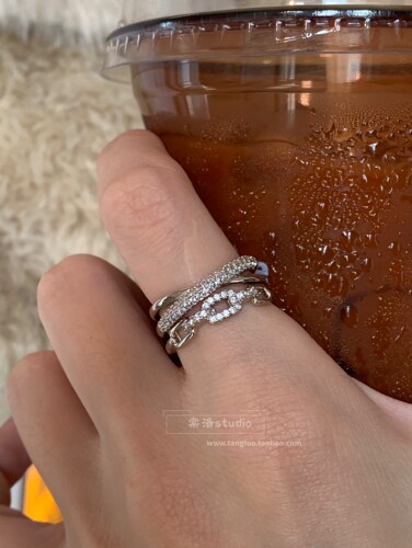 慵懒周末~咖啡金双层锆石链条戒指女小众设计感可调节指环高级感