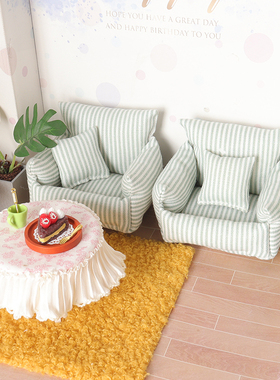 1:12娃娃屋条纹布艺沙发迷你家具模型微缩家居客厅场景Dollhouse