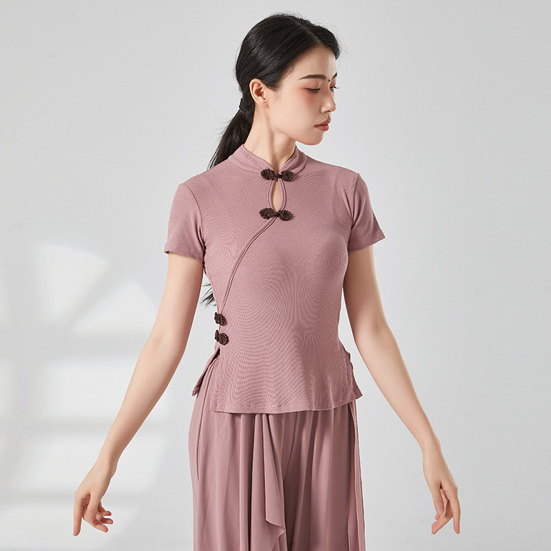现代舞练功服古典舞旗袍领短袖舞蹈服上衣显瘦形体服装中式舞蹈服
