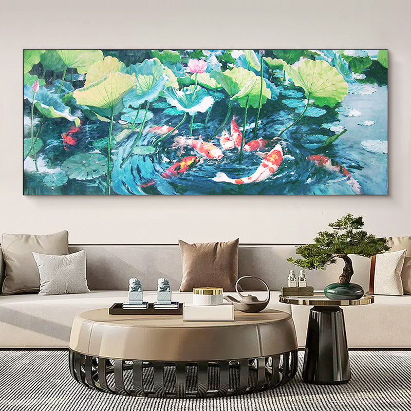 新中式荷花九鱼图手绘油画客厅沙发背景墙装饰画高级感寓意好挂画图片