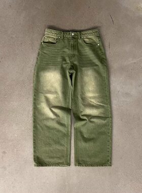 跨境美式复古水洗做旧牛仔裤女宽松直筒阔腿裤嘻哈渐变欧美