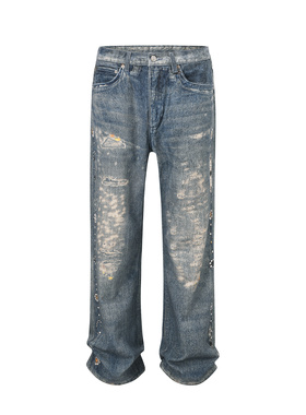 UNZEOT高街cleanfit做旧数码印花牛仔裤男复古水洗破洞配饰长裤