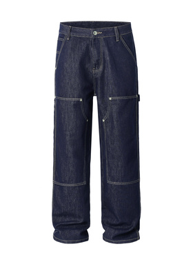 UNZEOT新款原色拼接牛仔裤男宽松直筒美式高街潮牌伐木工装裤子