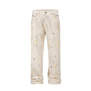 UNZEOT美式潮牌画家拼接长裤棉麻料杏色软糯泼墨直筒工装休闲裤