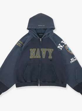 Project G/R ARMY做旧 480克双沙双股毛圈双色定制丈蓝色拉链帽衫