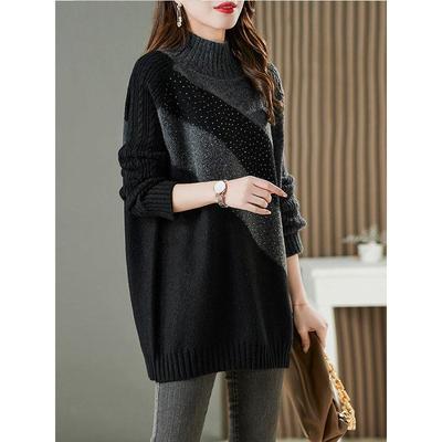 半高领加厚烫钻毛衣女冬季洋气上衣宽松外穿慵懒中长款针织打底衫