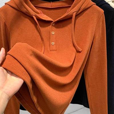 德绒连帽打底衫女2025新款秋冬加绒内搭洋气即墨卫衣宽松帽衫上衣