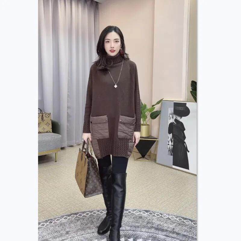 加绒加厚拼接毛衣女秋冬季外穿夹棉上衣洋气中长款保暖打底针织衫