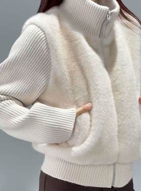 立领假两厚件拉链毛针织衣外套女秋冬季加毛开绒衫立领水XWS貂毛