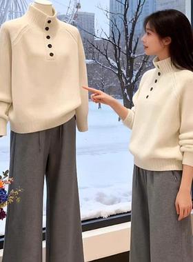韩季系chi上c白色YNA立领纽毛衣女秋冬高领扣百搭休闲长袖外穿针
