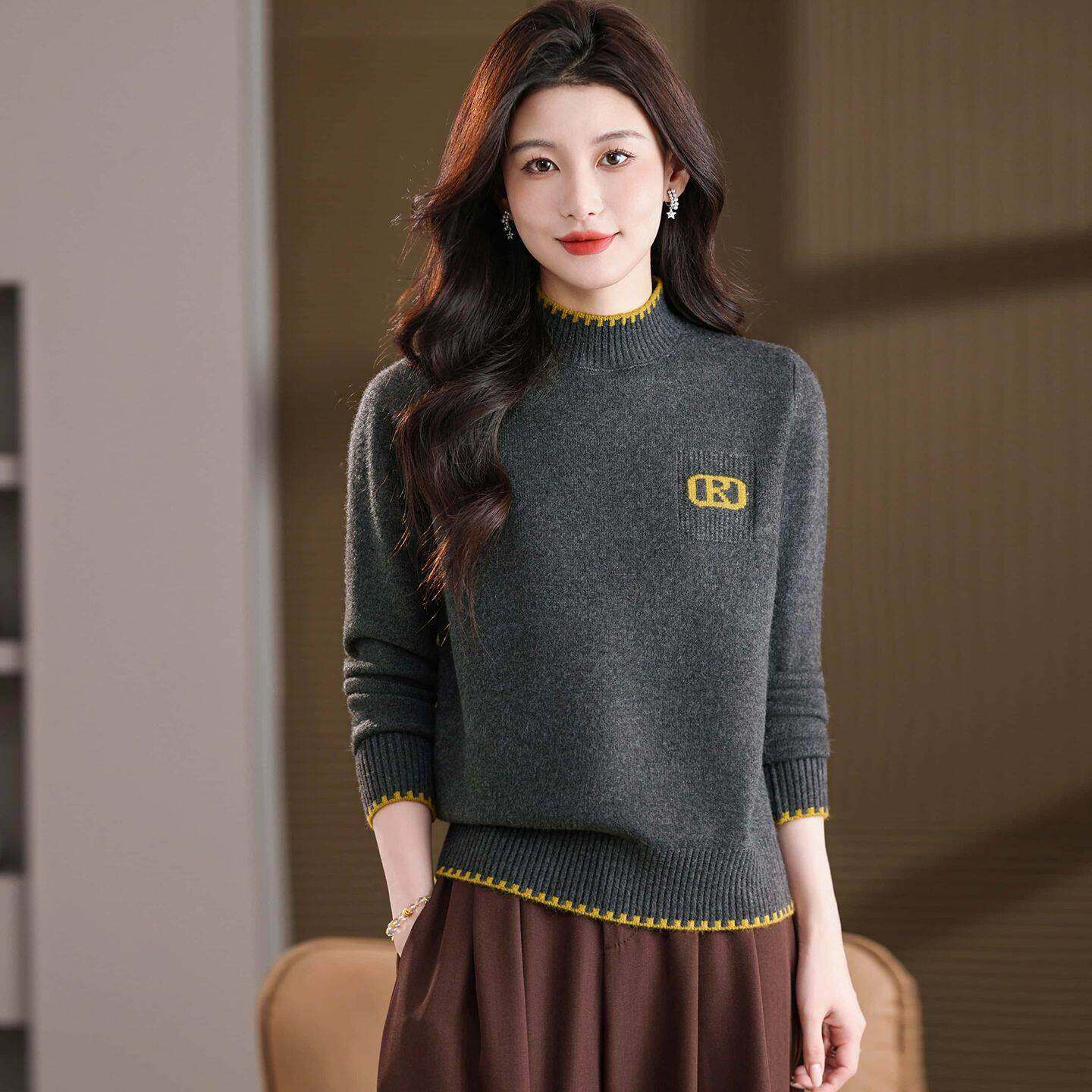 针织打底衫女士秋冬2025新款洋气宽松拼色半高领中年妈妈毛衣内搭