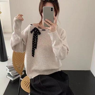 美式复圆古飘带女针斜肩宽松长袖织衫设计感领毛衣SLQ早秋季时尚