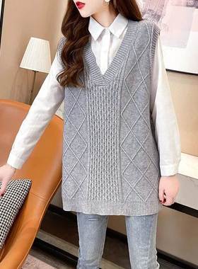 新针马织甲中长坎肩加厚外套宽松V领韩版毛款衣UDG款背心打底衫女