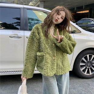 彷羊羔毛外套女秋冬2022新款 设计感V领宽松短款 长袖 棉衣棉服 韩版