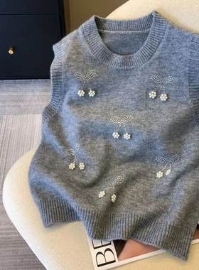 206秋新2重工钉珠针织衫春马SQJ甲款大码女士显瘦叠穿毛衣背心上