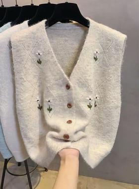 开刺绣无袖衫v领针织甲背心女春秋马季RHA新宽松外款穿马夹毛衣坎