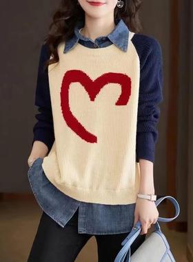 欧洲站小众设计感假件两毛衣BWD女仔2025秋冬款新时尚牛拼接针织
