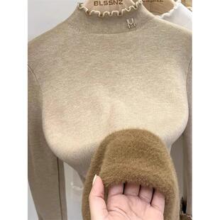 加绒加厚毛衣女打底衫秋冬季2025新款木耳边半高领一体绒针织上衣