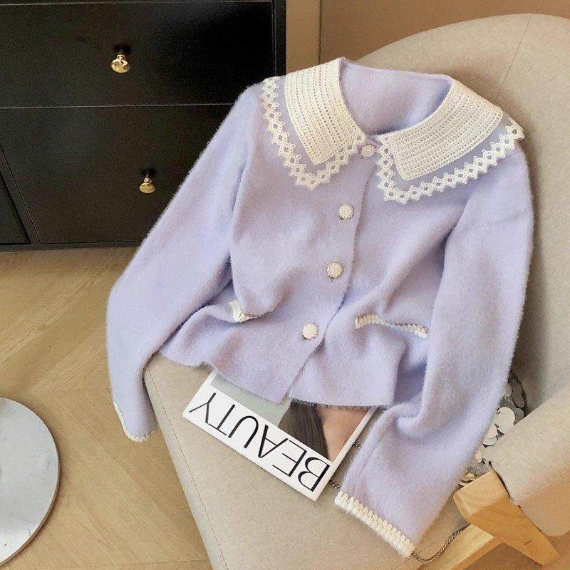 软糯慵懒毛衣春卓雅2025春季新款单排扣娃娃领长袖毛绒蓝色针织衫