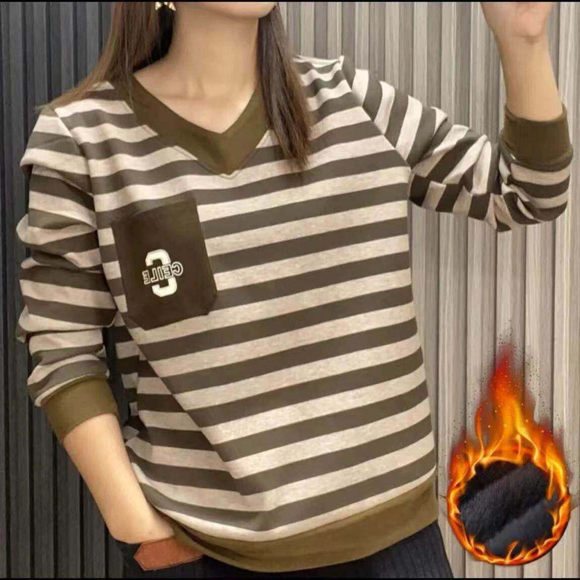 冬季新款加绒加厚打底衫年轻妈妈宽松显瘦遮肉大码V领T恤女上衣