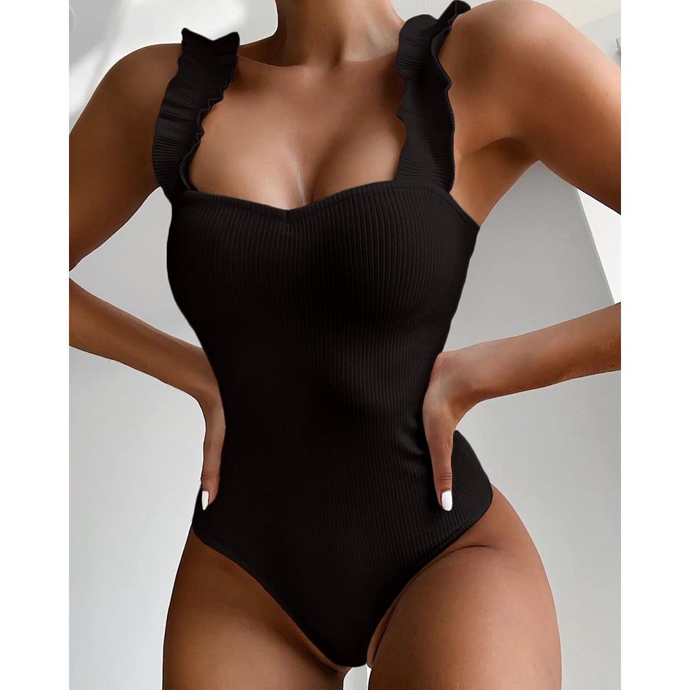 Vintage Swimsuit Women One Piece Ruffle Strap Swimwear Femal-封面