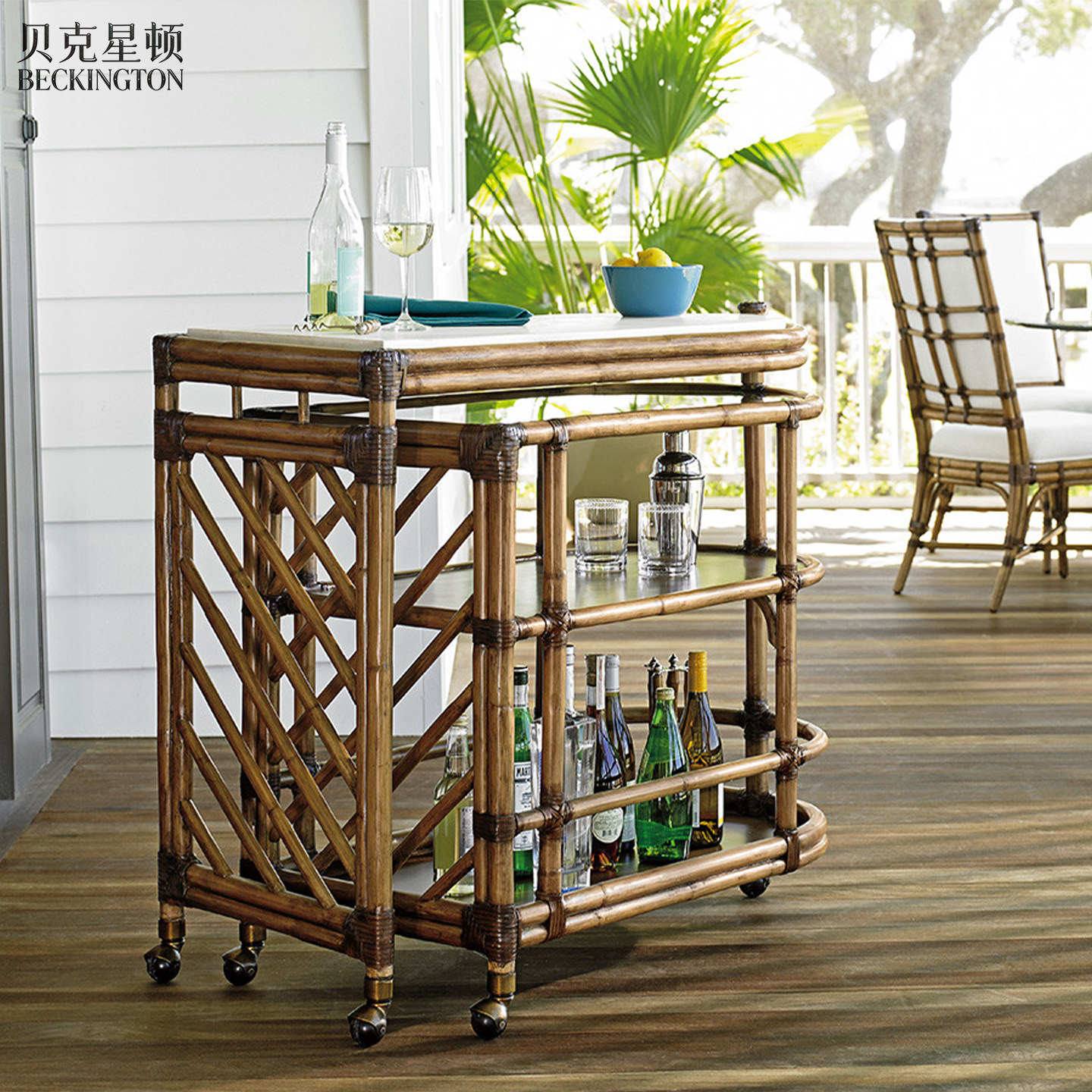 美式复古竹编餐车可移动藤编推车东南亚风客厅玻璃边几收纳置物架