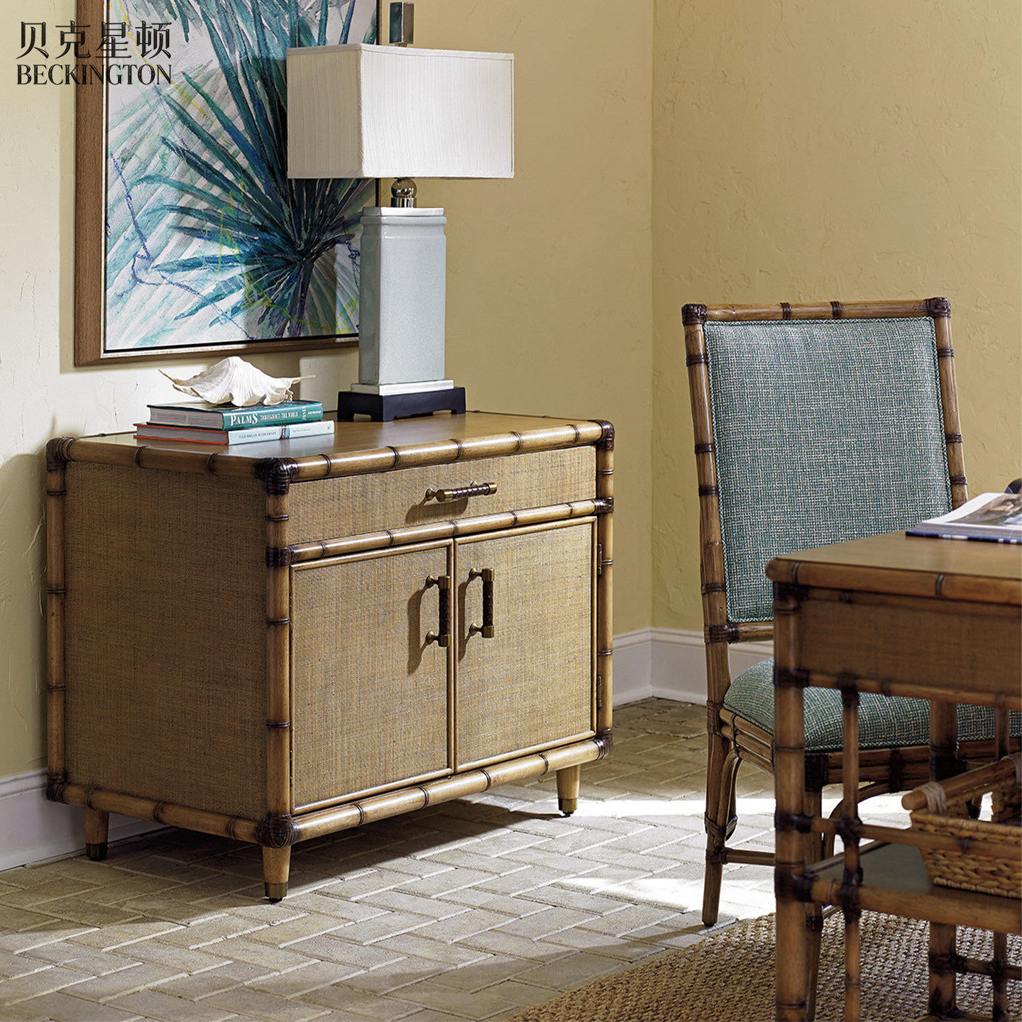 美式藤编餐边柜东南亚风竹节储物柜客厅实木复古玄关柜收纳柜边柜