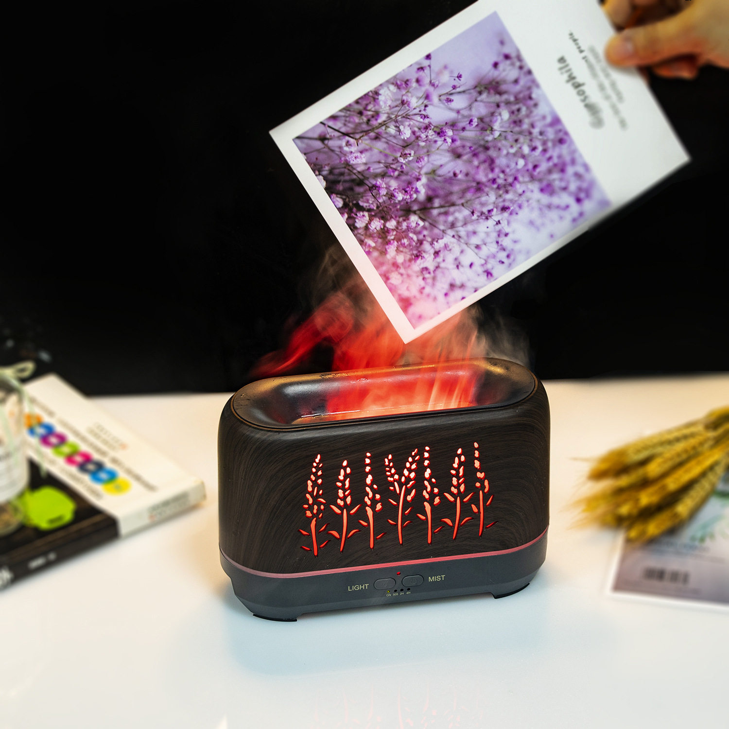 200ml new wood grain hollow wheat ear flame humidifier加湿器