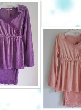 皮尔卡丹家居服女秋冬款天鹅绒V领收腰长袖长裤睡衣套装P289305