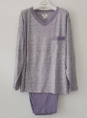 棉花堡睡衣男秋冬针织棉套头V领长袖长裤全棉印花家居服套装31334