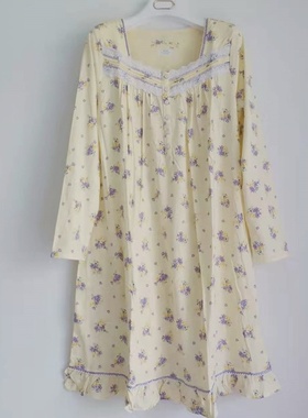 棉花堡春夏季女针织薄棉长袖睡裙全棉印花加肥加大中裙22104