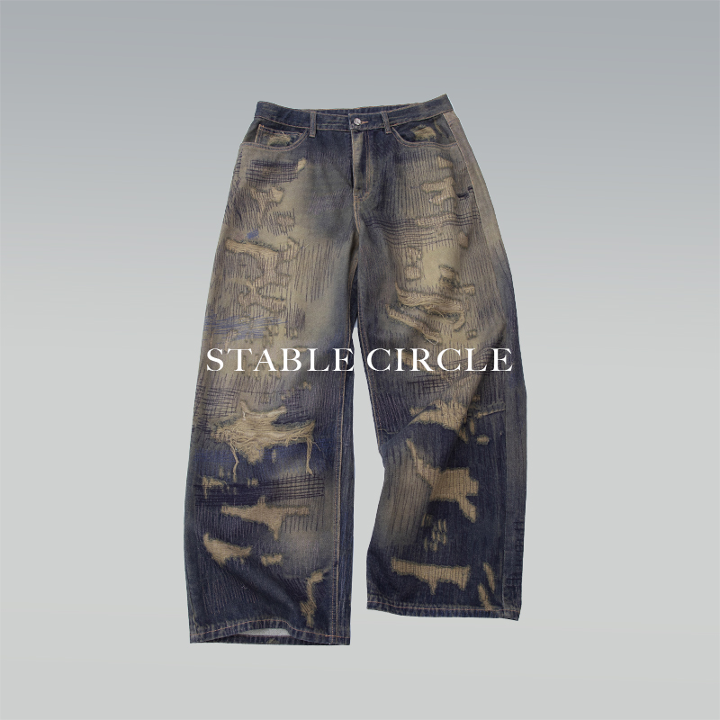 STABLE CIRCLE 25ss破洞车缝线3d活性数码印花baggy阔腿牛仔裤
