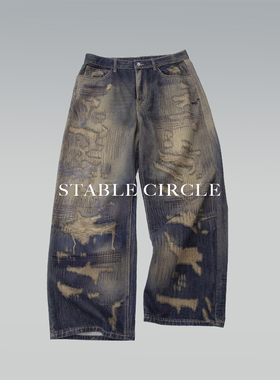 STABLE CIRCLE 25ss破洞车缝线3d活性数码印花baggy阔腿牛仔裤