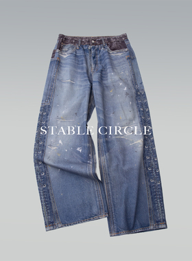 STABLE CIRCLE 25ss 侧边穿绳破洞3d活性数码印花baggy阔腿牛仔裤