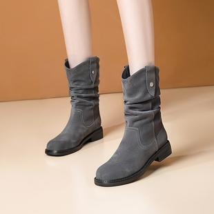 短靴女牛磨砂皮秋冬新款靴子真皮中筒靴马丁靴百搭平底堆堆靴女靴