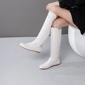 长靴女秋冬新款 高筒靴平底长筒靴圆头大码 舒适骑士靴白色真皮靴子