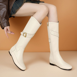 圆头鞋靴真皮长筒靴女2025年秋冬新款高筒女靴子平底内增高骑士靴