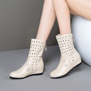 全牛皮新款镂空短靴女平底真皮洞洞靴内增高百搭时装靴白色中筒靴