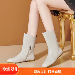 真皮白色中筒靴女秋冬季新款小圆头平跟靴子时尚马丁靴牛皮短靴女