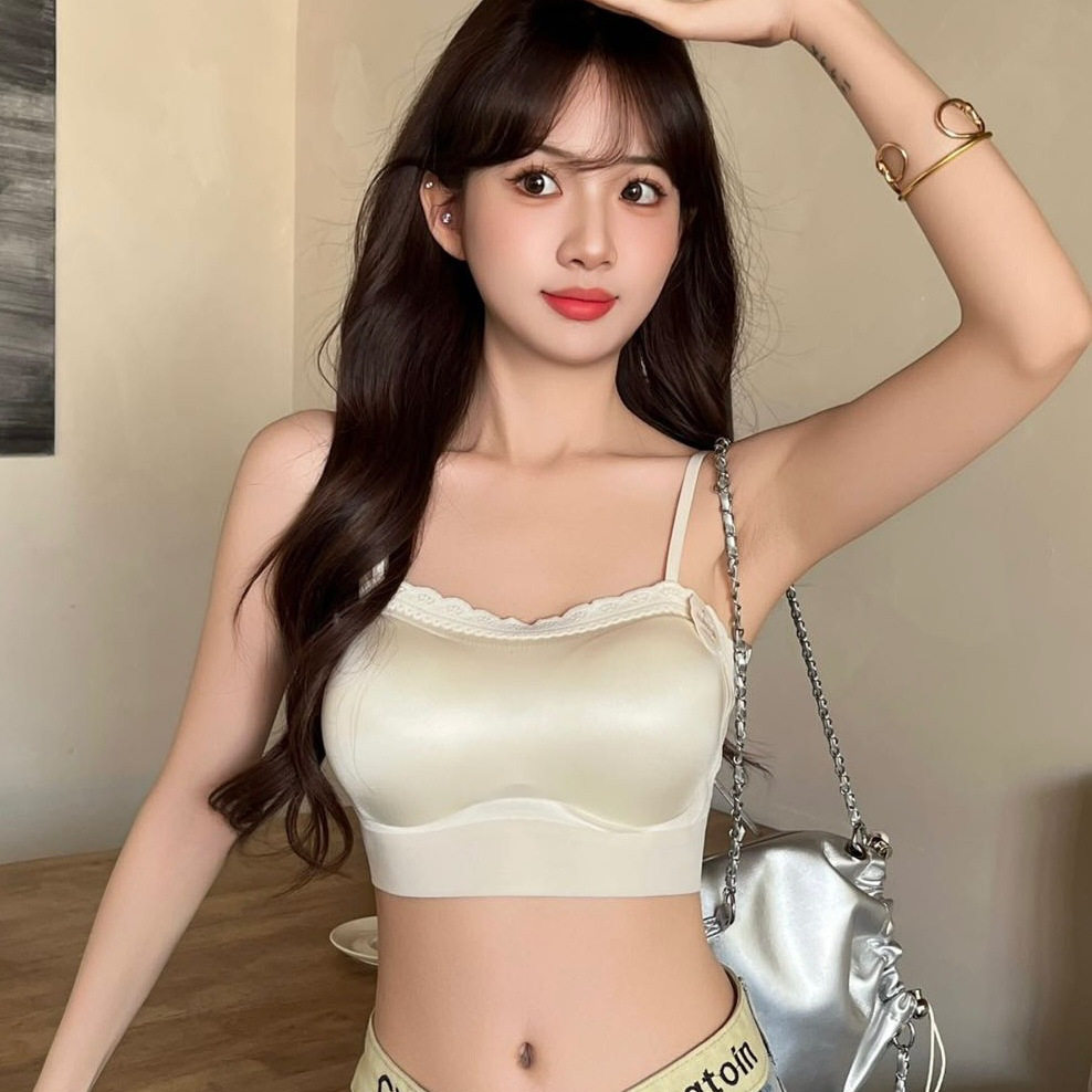 缎面美背蕾丝花边内衣女固定杯聚拢防走光细肩带抹胸吊带背心裹胸