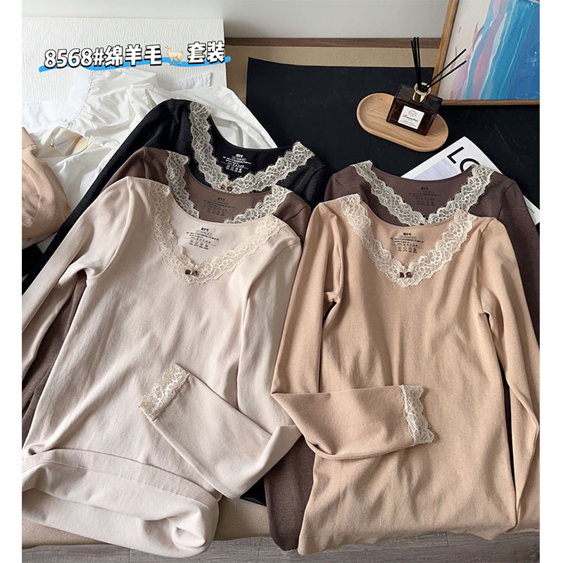 2025秋冬新品蕾丝花边领女士保暖内衣套装圆领长袖打底衫秋衣秋裤