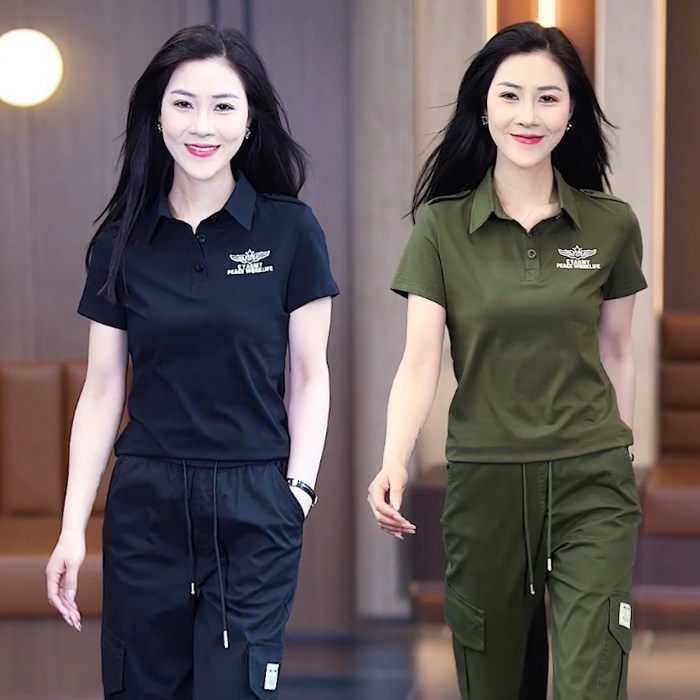 军绿色迷彩套装女夏季弹力显瘦户外运动短袖工装阔腿裤水兵舞服装