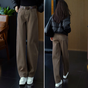 宽松阔腿裤 茶棕色弯刀牛仔裤 时尚 今年流行高腰香蕉裤 子 女春秋爆款