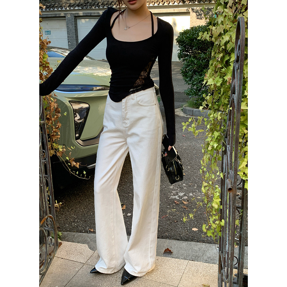 白色牛仔裤高腰阔腿女款休闲宽松春秋季直筒拖地长裤百搭