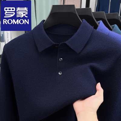 罗蒙冬季100%纯羊毛衫男翻领毛衣