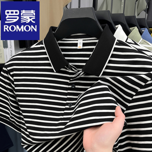 罗蒙专柜2026新款男士短袖T恤翻领丝光棉衣服条纹休闲时尚POLO衫